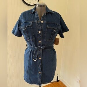 Dark Blue Denim Shirt Mini Dress with Tie Belt